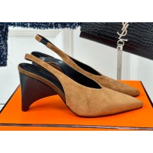 Hermes women's pointed-toe suede leather in brown heel 7.5cm 1023-2024