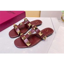 VALENTINO ROMAN STUD FLAT CALFSKIN SLIDE SANDAL BURGUNDY 2023