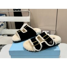 Prada women's strap slides suede leather slippers with shearling black 2024