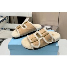 Prada women's strap slides suede leather slippers with shearling beige 2024