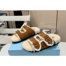 Prada women's strap slides suede leather slippers with shearling brown 2024