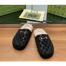 Gucci Women's/men's Horsebit mule Black GG suede with shearling 2024