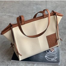 Loewe large cushion tote bag in canvas and calfskin creamy/brown 2023