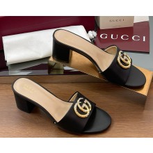 Gucci Women's Double G slide sandal 816673 Black leather heel 5cm 2025