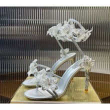 RENÉ CAOVILLA  Margot floral-appliqué rhinestone sandals silver heel 9.5cm 2025 
