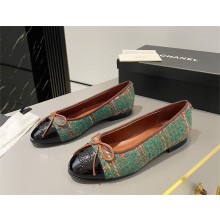 chanel green tweed/black patent leather ballerina flats G02819 2023