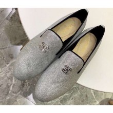 Chanel Fabric and Grosgrain Pearl CC Logo Loafers G32948 Silver 2019
