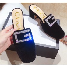 Gucci Heel 6cm Crystal G Slipper Mules Velvet Black 2019
