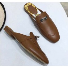 Hermes Calfskin Oz Mules With Palladium-Plated Kelly Buckle Brown