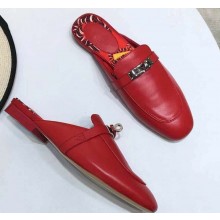 Hermes Calfskin Oz Mules With Palladium-Plated Kelly Buckle Red