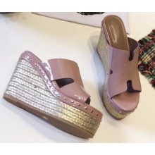 Hermes Patent Leather Platform 4cm Wedge Heel 11cm Studded Espadrille Sandals Nude Pink
