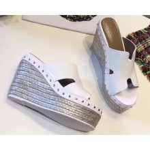 Hermes Patent Leather Platform 4cm Wedge Heel 11cm Studded Espadrille Sandals White