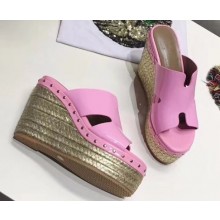 Hermes Patent Leather Platform 4cm Wedge Heel 11cm Studded Espadrille Sandals Pink