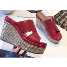 Hermes Calfskin Platform 4cm Wedge Heel 11cm Studded Espadrille Sandals Red
