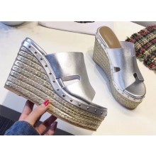 Hermes Calfskin Platform 4cm Wedge Heel 11cm Studded Espadrille Sandals Silver