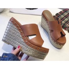 Hermes Calfskin Platform 4cm Wedge Heel 11cm Studded Espadrille Sandals Brown