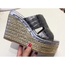 Hermes Croco Pattern Platform 4cm Wedge Heel 11cm Studded Espadrille Sandals Silver