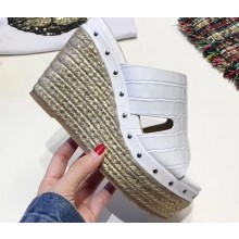Hermes Croco Pattern Platform 4cm Wedge Heel 11cm Studded Espadrille Sandals White