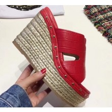 Hermes Croco Pattern Platform 4cm Wedge Heel 11cm Studded Espadrille Sandals Red