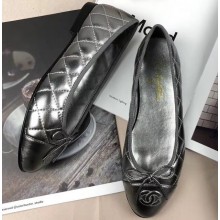 Chanel Leather Classic Bow Ballerinas Flats Quilted Silver/Black Sole
