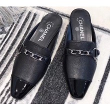 Chanel Chain and Leather Slipper Sandals Mules Black 2019