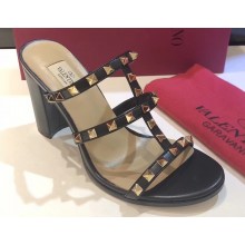 Valentino Heel 9.5cm Rockstud Mules Slide Sandals Black