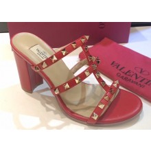 Valentino Heel 9.5cm Rockstud Mules Slide Sandals Red