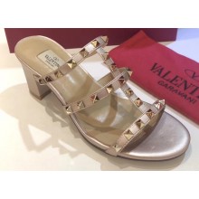 Valentino Heel 6.5cm Rockstud Mules Slide Sandals Gold