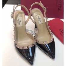 Valentino Heel 9.5cm Rockstud Patent Leather Slingback Pumps Black