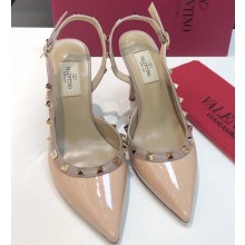 Valentino Heel 9.5cm Rockstud Patent Leather Slingback Pumps Nude
