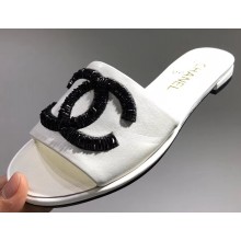Chanel Sequins CC Logo Mules G34682 White 2019