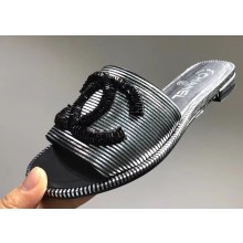 Chanel Sequins CC Logo Mules G34682 Striped Silver 2019