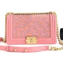 Chanel Embroidered Chevron Boy Medium Flap Bag Pink 2019