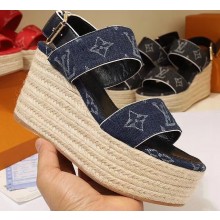 Louis Vuitton Heel 10cm Platform 6cm Harbour Wedge Sandals Denim Blue 2019