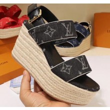 Louis Vuitton Heel 10cm Platform 6cm Harbour Wedge Sandals Denim Black 2019