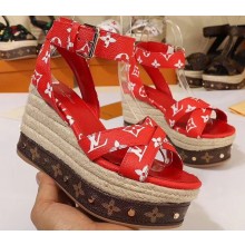 Louis Vuitton Heel 10cm Platform 6cm Timelapse Wedge Sandals Monogram Canvas Red 2019