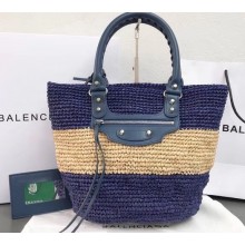 Balenciaga Calfskin And Raffia Fibers Small Tote Summer Bag Blue 2019