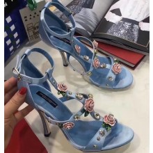 Dolce & Gabbana Flower and Crystal Heel 10.5cm Sandals Light Blue 2019