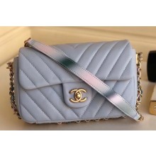 Chanel Chevron Small Classic Flap Bag Baby Blue with Rainbow Strap Around 2019