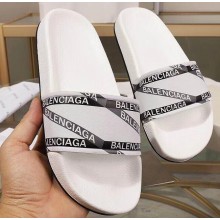 Balenciaga Stripe Logo Piscine Slides Sandals White
