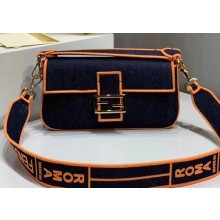 Fendi Denim Baguette Medium Flap Bag Blue/Orange 2019