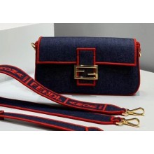 Fendi Denim Baguette Medium Flap Bag Blue/Red 2019