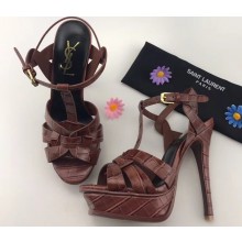 Saint Laurent Tribute Sandals In Crocodile Embossed Leather Brown