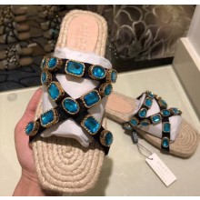 Gucci Grosgrain Espadrilles Slide Sandals with Crystals Blue 2019