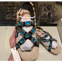Gucci Grosgrain Espadrilles Sandals with Crystals 573024 Blue 2019