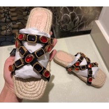 Gucci Grosgrain Espadrilles Slide Sandals with Crystals Red 2019