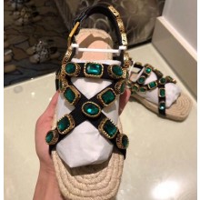 Gucci Grosgrain Espadrilles Sandals with Crystals 573024 Green 2019