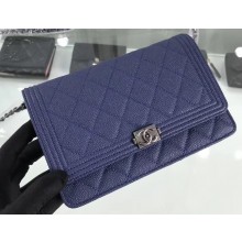 Chanel Grained Leather Boy Wallet On Chain WOC Bag A80287 Navy Blue/Silver