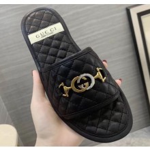 Gucci Quilted Slide Sandals with Interlocking G Horsebit 577680 Leather Black 2019