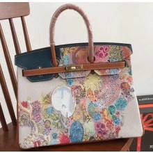 Hermes Birkin 35 Bag in Print Leather Brown/Blue